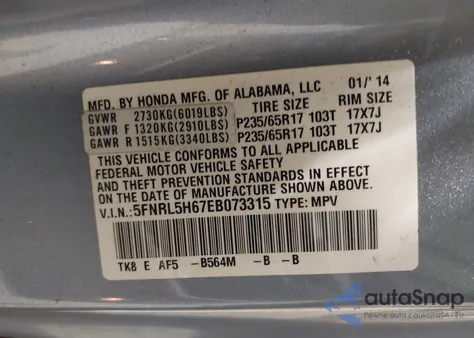 2014 Honda Odyssey Ex-L z USA, uszkodzony, nr VIN 5FNRL5H67EB073315